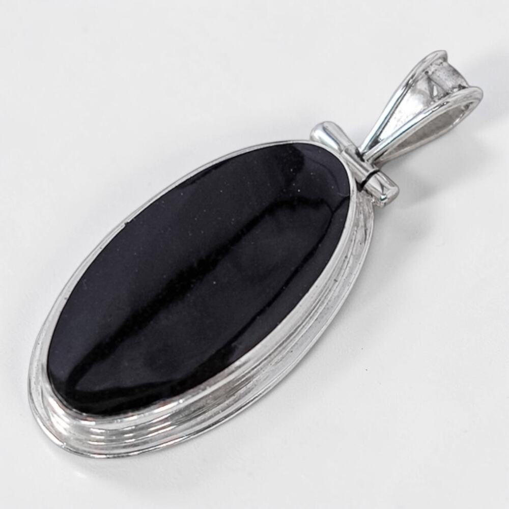 Sterling Silver 925 Mexico Large Oval Black Obsidian Vintage Pendant Design